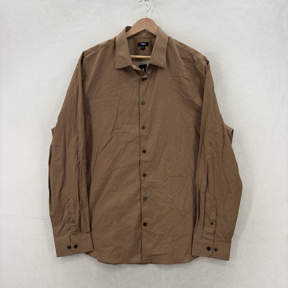 Express 1MX Shirt Mens XL Brown Geo Print Slim Fit Stretch Button Down Dress NWT